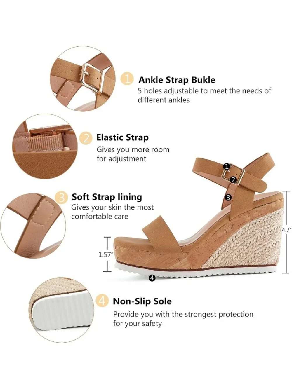 Women's Tan Espadrille Wedge Platform Sandal Open Toe Ankle Buckle Strap Shoes
